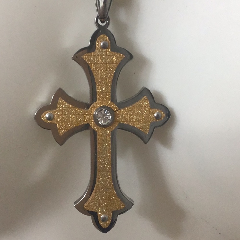 XMAS Gold & silver shimmery East Syriac Cross w/ chain both stainless steel.